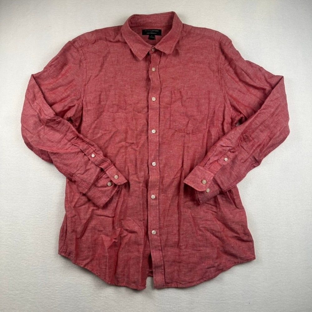 Banana Republic Linen Shirt Mens L Red Long Sleeve Standard Fit Casual Summer